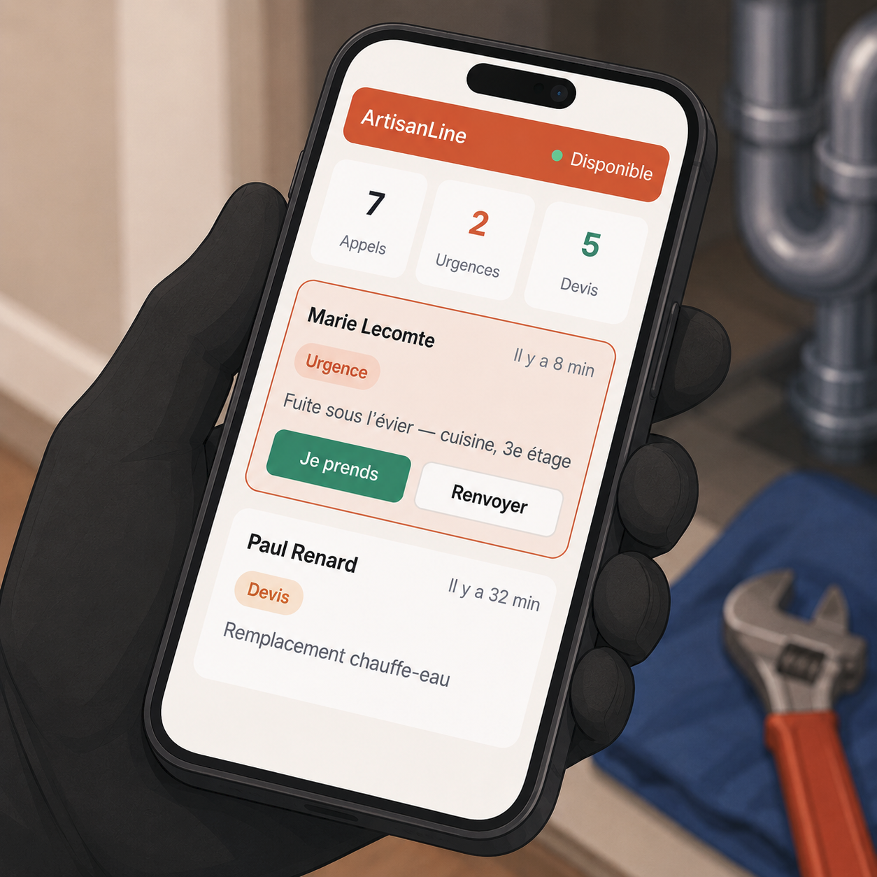 Application ArtisanLine sur smartphone, tenue par un artisan ganté, affichant une urgence à prendre